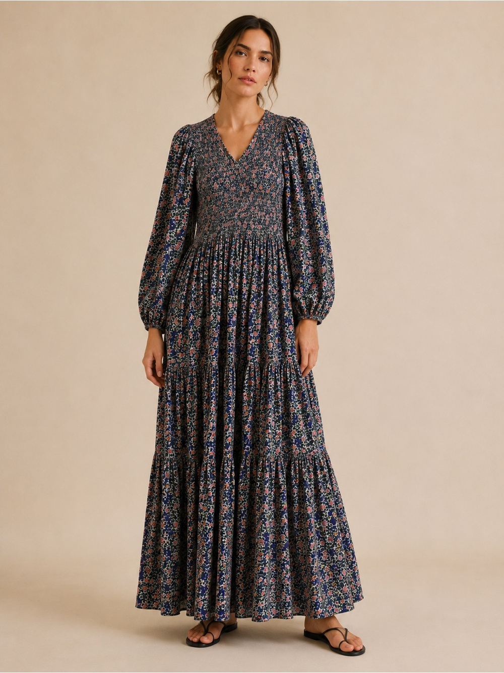 Apiece Apart Olivas Floral Fit & Flare Maxi Dress Smocked Bodice Long Sleeve - Picture 1 of 12